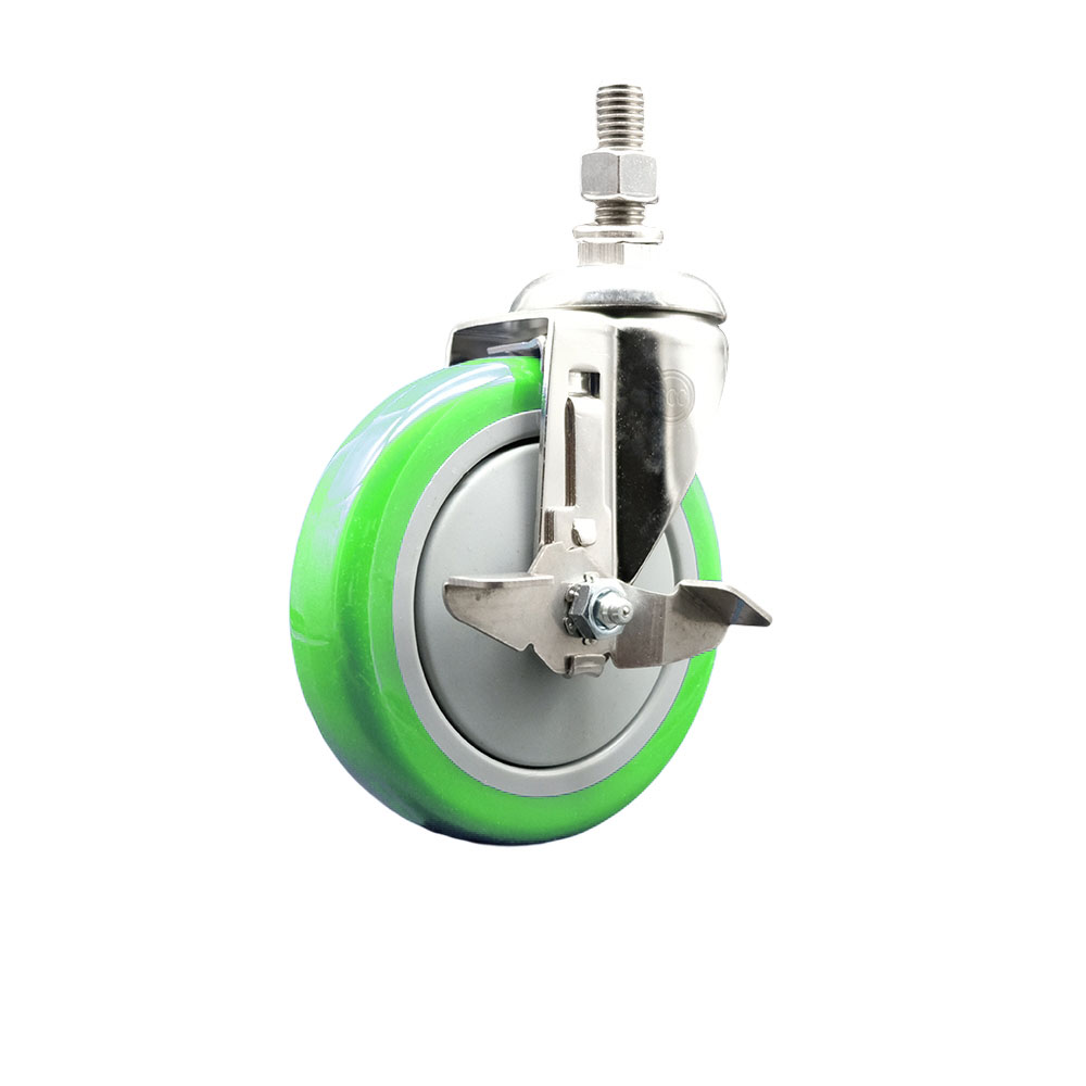 Polyurethane Swivel Stem Caster with 5 Inch Green Caster Wheel and Top Lock Brake - 12mm Metric Threaded Stem - 316 Stainless Steel Caster - 350 lbs. Capacity Per Caster - Service Caster Brand — photo 1
