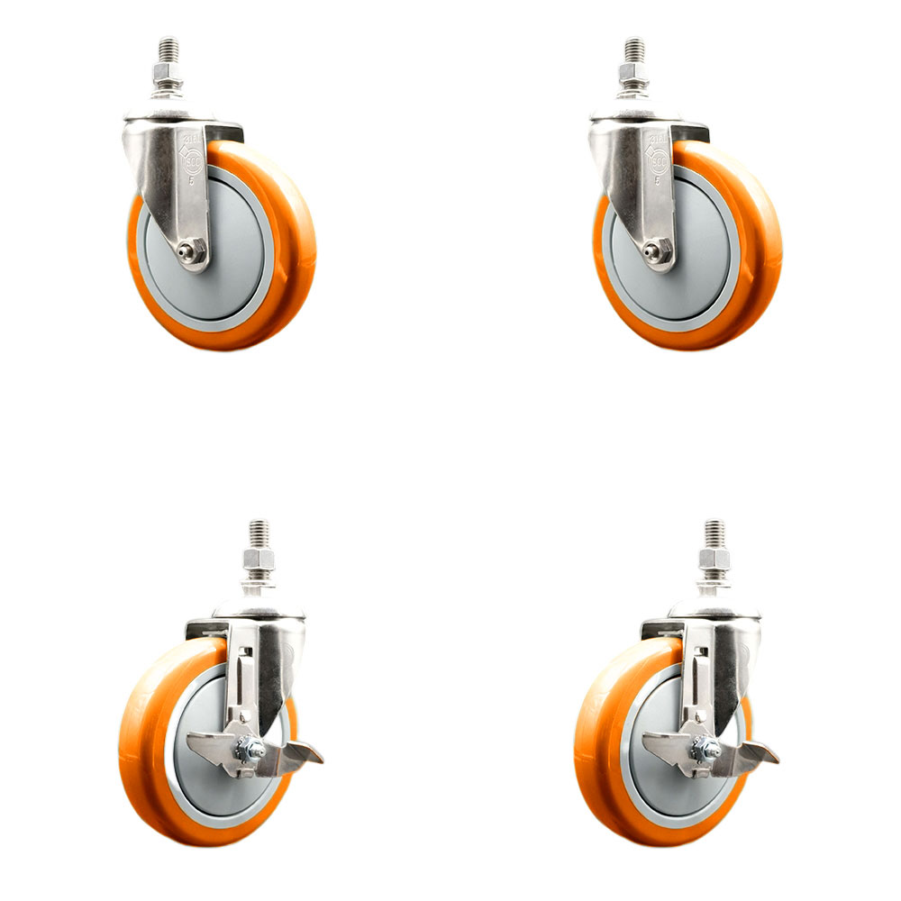 Poly Swivel Stem Caster Set of 4 with 5 Inch Orange Caster Wheels-10mm Metric Threaded Stems-316 Stainless Steel Casters-Includes 2 Swivel Casters with Top Lock Brake and 2 Swivel-Service Caster Brand — photo 1