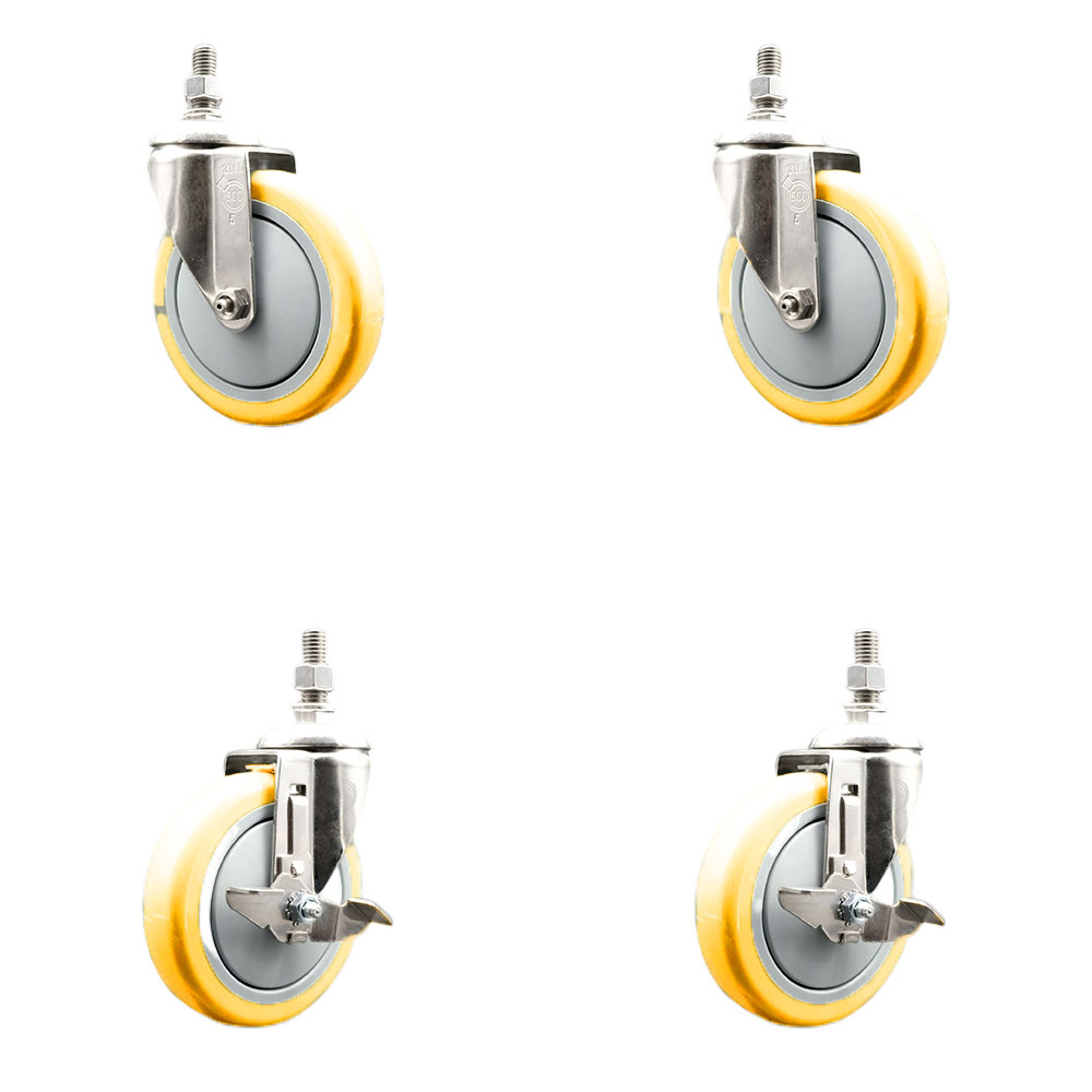 Poly Swivel Stem Caster Set of 4 with 5 Inch Yellow Caster Wheels-10mm Metric Threaded Stems-316 Stainless Steel Casters-Includes 2 Swivel Casters with Top Lock Brake and 2 Swivel-Service Caster Brand — photo 1