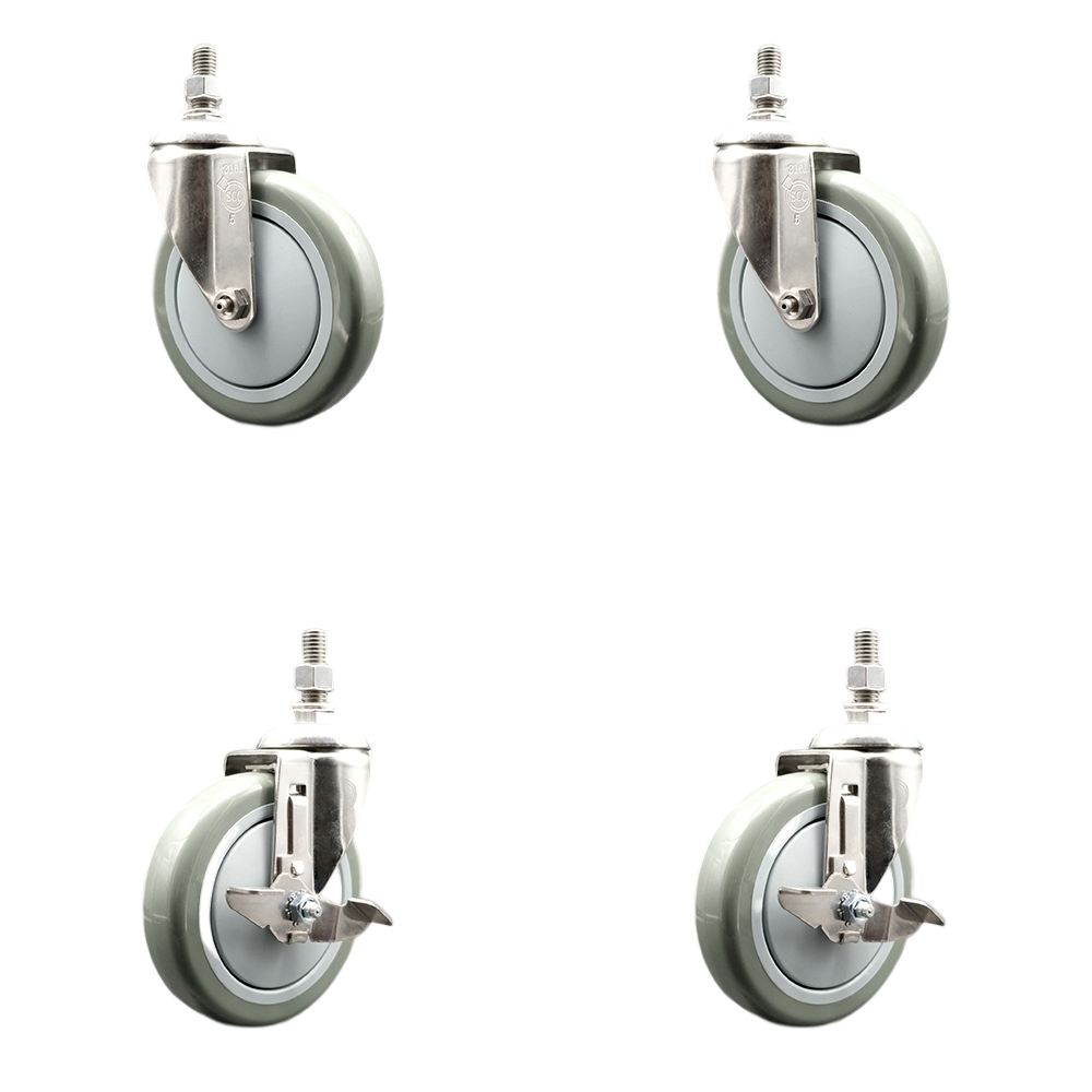 Poly Swivel Stem Caster Set of 4 with 5 Inch Gray Caster Wheels-10mm Metric Threaded Stems-316 Stainless Steel Casters-Includes 2 Swivel Casters with Top Lock Brakes and 2 Swivel-Service Caster Brand — photo 1