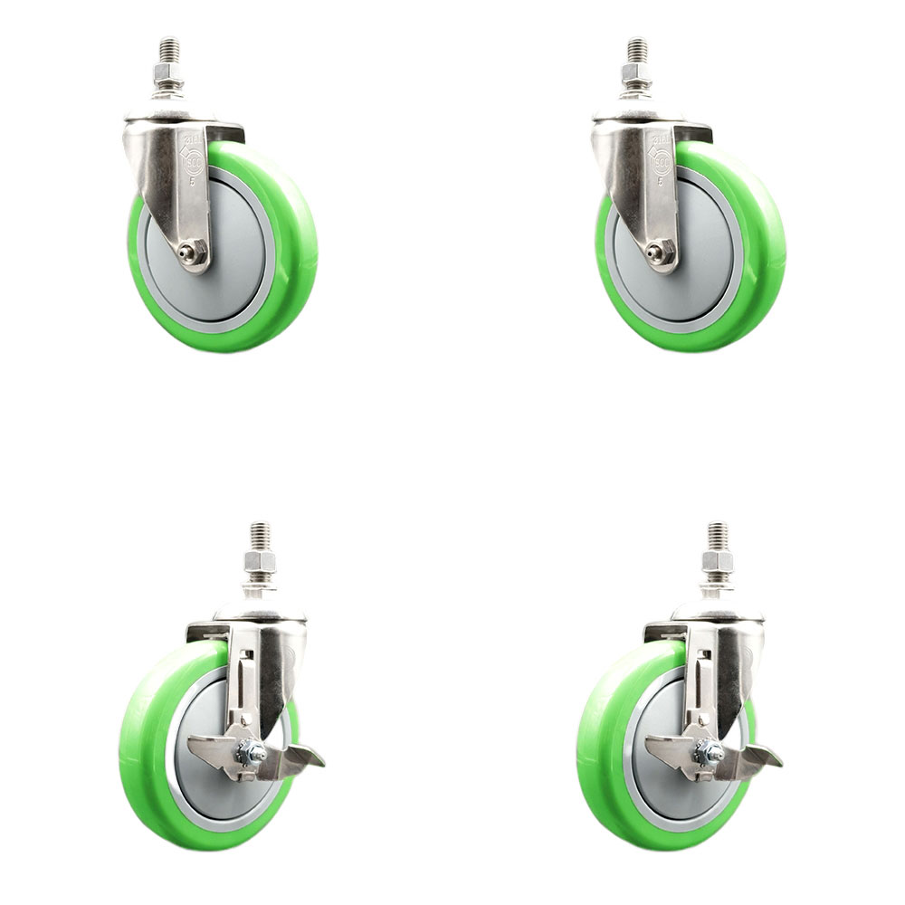 Poly Swivel Stem Caster Set of 4 with 5 Inch Green Caster Wheels-10mm Metric Threaded Stems-316 Stainless Steel Casters-Includes 2 Swivel Casters with Top Lock Brakes and 2 Swivel-Service Caster Brand — photo 1