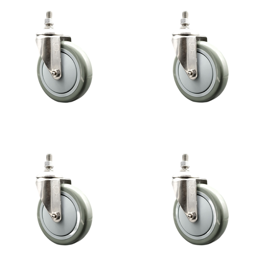 Polyurethane Swivel Stem Caster Set of 4 with 5 Inch Gray Caster Wheels - 10mm Metric Threaded Stems - 316 Stainless Steel Casters - Includes 4 Swivel Casters - Service Caster Brand — photo 1