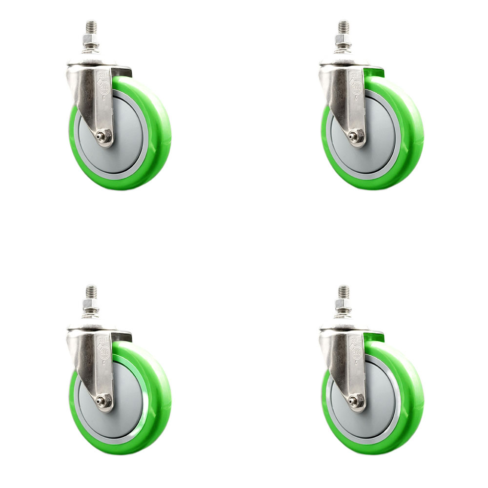 Polyurethane Swivel Stem Caster Set of 4 with 5 Inch Green Caster Wheels - 10mm Metric Threaded Stems - 316 Stainless Steel Casters - Includes 4 Swivel Casters - Service Caster Brand — photo 1