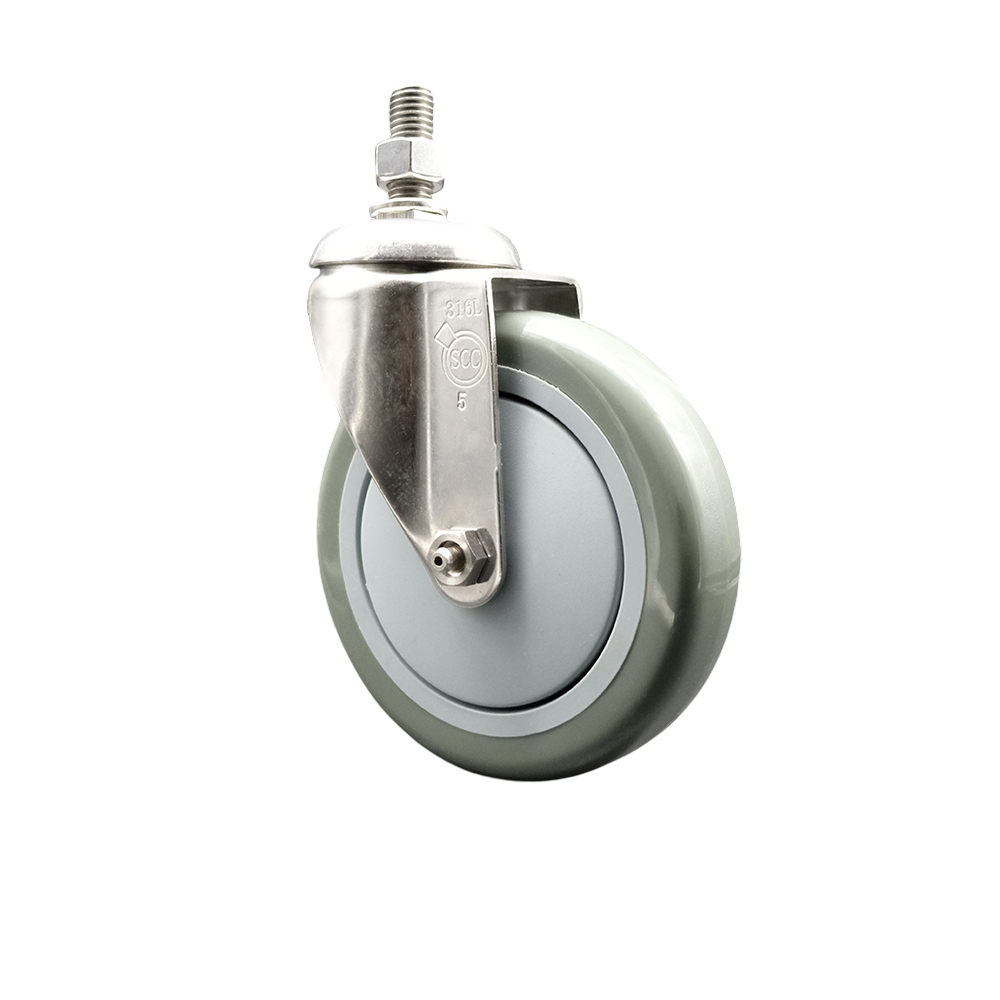 Polyurethane Swivel Stem Caster with 5 Inch Gray Caster Wheel - 10mm Metric Threaded Stem - 316 Stainless Steel Caster - 350 lbs. Capacity Per Caster - Service Caster Brand — photo 1
