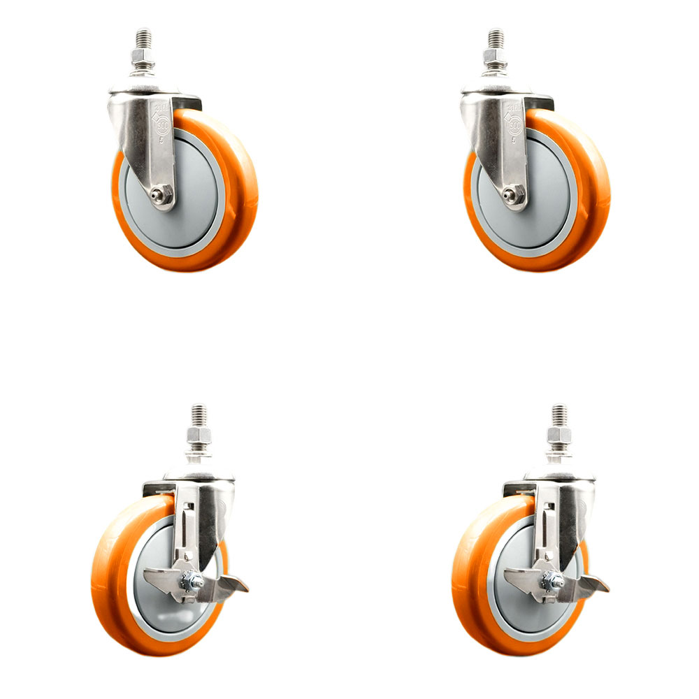 Poly Swivel Stem Caster Set of 4 with 5 Inch Orange Caster Wheels-12mm Metric Threaded Stems-316 Stainless Steel Casters-Includes 2 Swivel Casters with Top Lock Brake and 2 Swivel-Service Caster Brand — photo 1