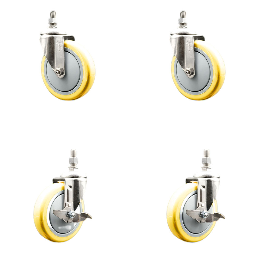 Poly Swivel Stem Caster Set of 4 with 5 Inch Yellow Caster Wheels-12mm Metric Threaded Stems-316 Stainless Steel Casters-Includes 2 Swivel Casters with Top Lock Brake and 2 Swivel-Service Caster Brand — photo 1