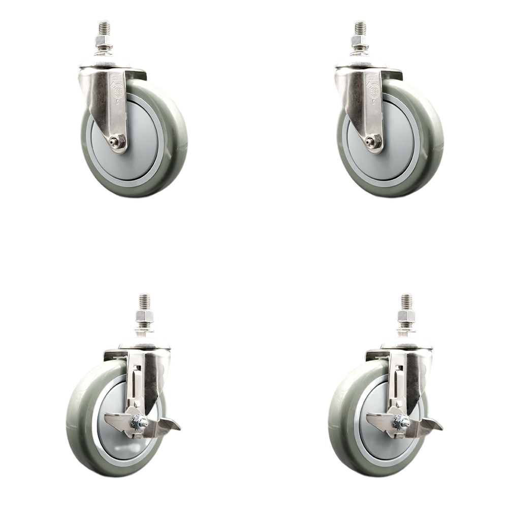 Poly Swivel Stem Caster Set of 4 with 5 Inch Gray Caster Wheels-12mm Metric Threaded Stems-316 Stainless Steel Casters-Includes 2 Swivel Casters with Top Lock Brakes and 2 Swivel-Service Caster Brand — photo 1