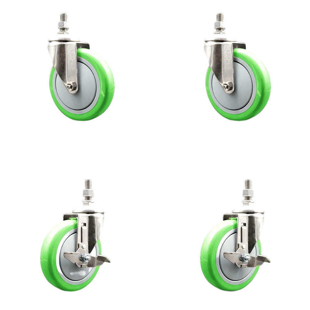 Poly Swivel Stem Caster Set of 4 with 5 Inch Green Caster Wheels-12mm Metric Threaded Stems-316 Stainless Steel Casters-Includes 2 Swivel Casters with Top Lock Brakes and 2 Swivel-Service Caster Brand — photo 1