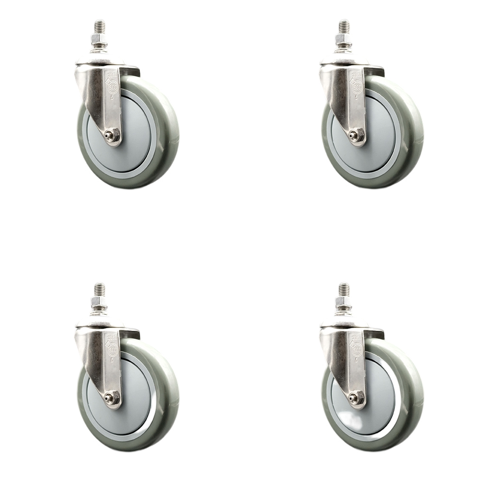 Polyurethane Swivel Stem Caster Set of 4 with 5 Inch Gray Caster Wheels - 12mm Metric Threaded Stems - 316 Stainless Steel Casters - Includes 4 Swivel Casters - Service Caster Brand — photo 1