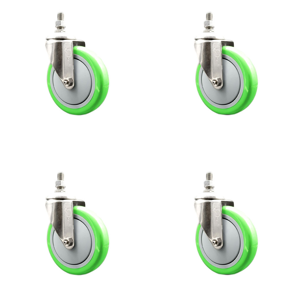 Polyurethane Swivel Stem Caster Set of 4 with 5 Inch Green Caster Wheels - 12mm Metric Threaded Stems - 316 Stainless Steel Casters - Includes 4 Swivel Casters - Service Caster Brand — photo 1