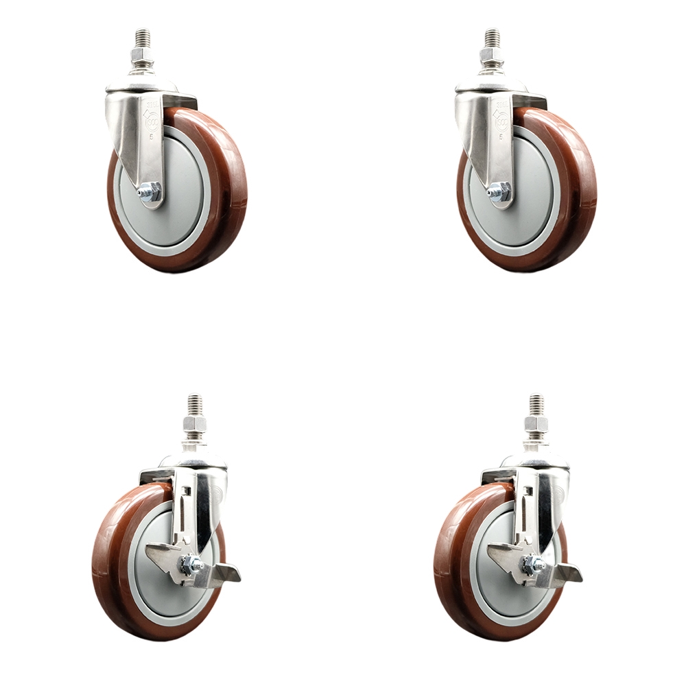 Poly Swivel Stem Caster Set of 4 with 5 Inch Maroon Caster Wheels - 1/2" Threaded Stems - 316 Stainless Steel Casters - Includes 2 Swivel Casters with Top Lock Brakes and 2 Swivel-Service Caster Brand — photo 1
