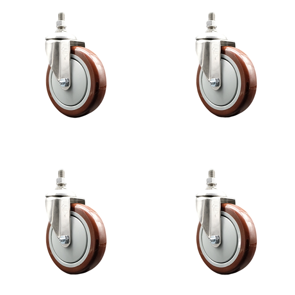 Polyurethane Swivel Stem Caster Set of 4 with 5 Inch Maroon Caster Wheels - 1/2" Threaded Stems - 316 Stainless Steel Casters - Includes 4 Swivel Casters - Service Caster Brand — photo 1