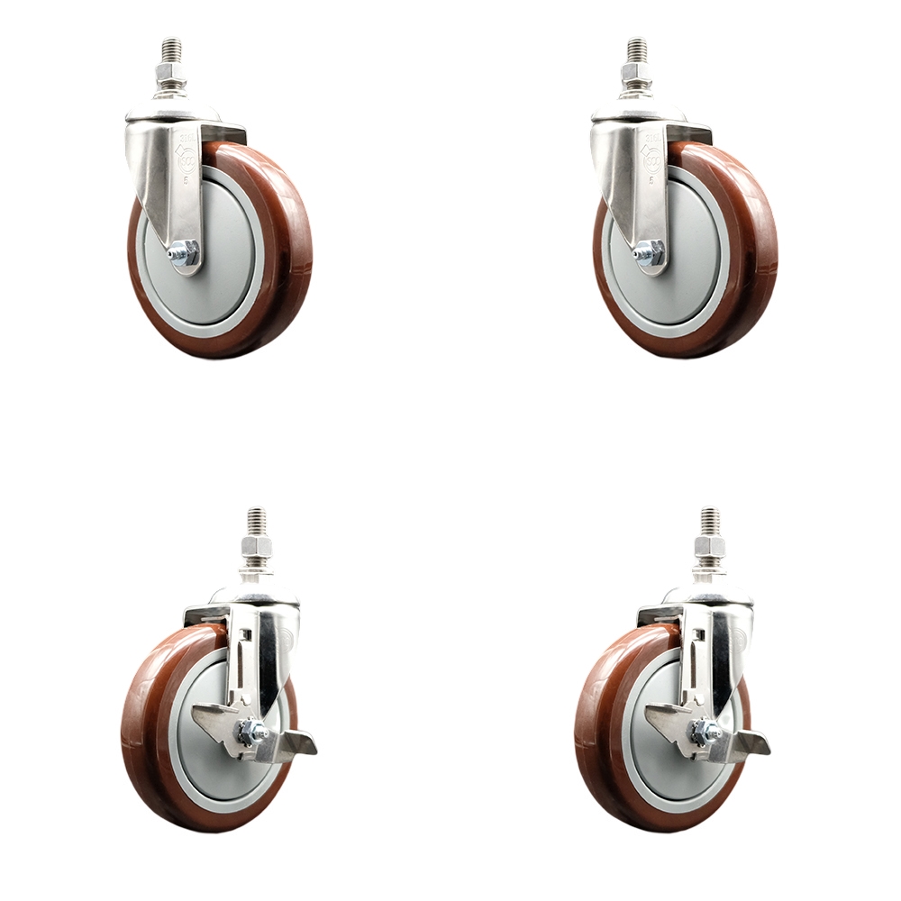 Poly Swivel Stem Caster Set of 4 with 5 Inch Maroon Caster Wheels - 3/8" Threaded Stems - 316 Stainless Steel Casters - Includes 2 Swivel Casters with Top Lock Brakes and 2 Swivel-Service Caster Brand — photo 1