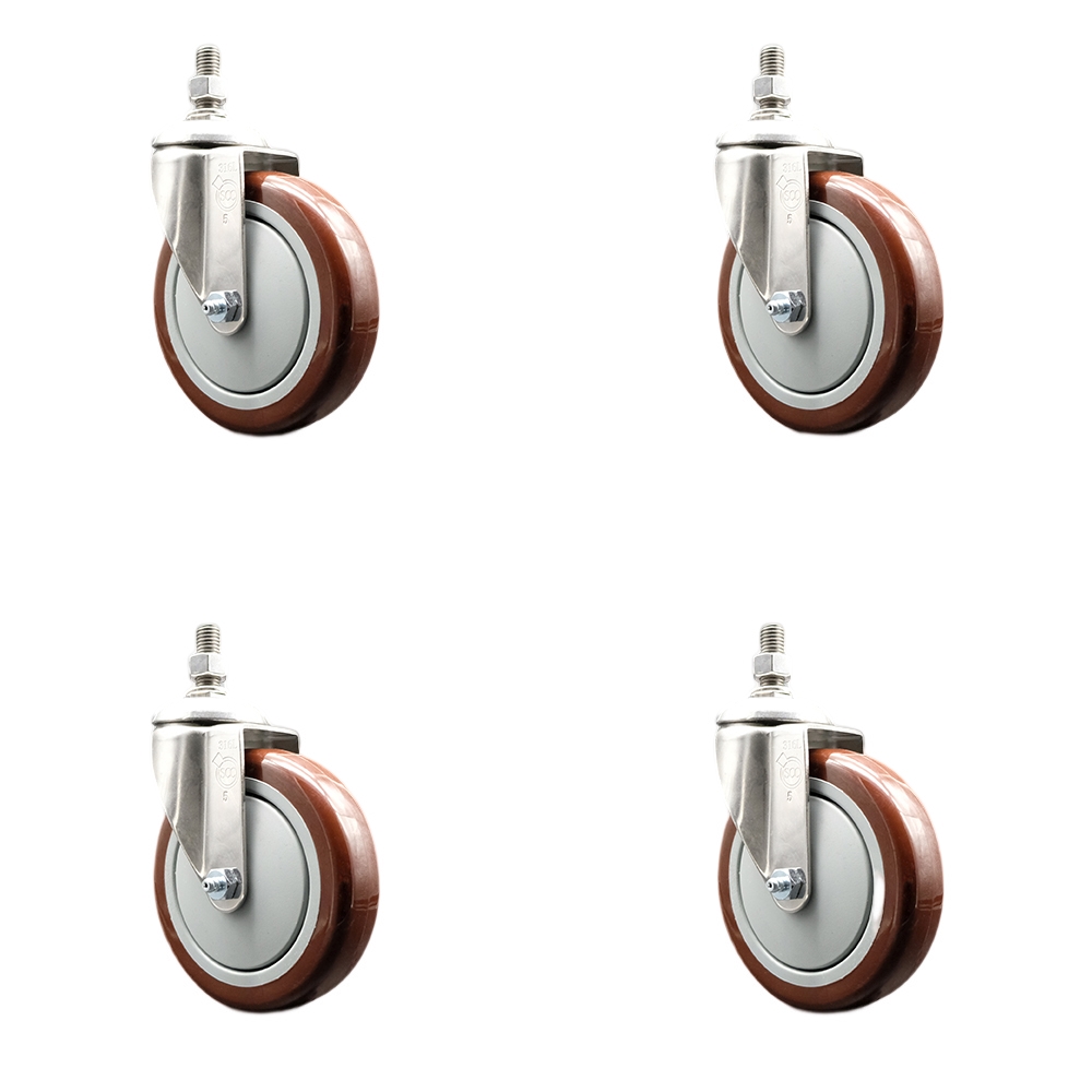 Polyurethane Swivel Stem Caster Set of 4 with 5 Inch Maroon Caster Wheels - 3/8" Threaded Stems - 316 Stainless Steel Casters - Includes 4 Swivel Casters - Service Caster Brand — photo 1