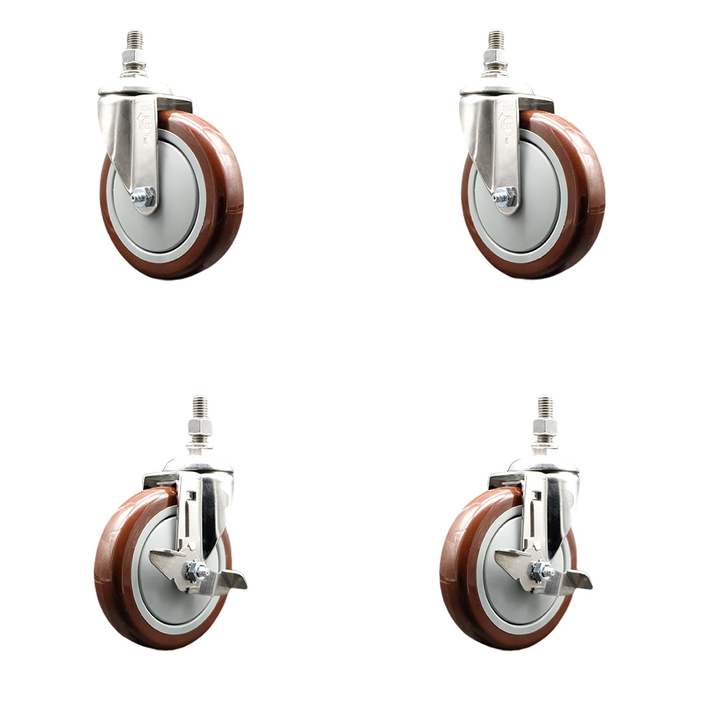 Poly Swivel Stem Caster Set of 4 with 5 Inch Maroon Caster Wheels-10mm Metric Threaded Stems-316 Stainless Steel Casters-Includes 2 Swivel Casters with Top Lock Brake and 2 Swivel-Service Caster Brand — photo 1