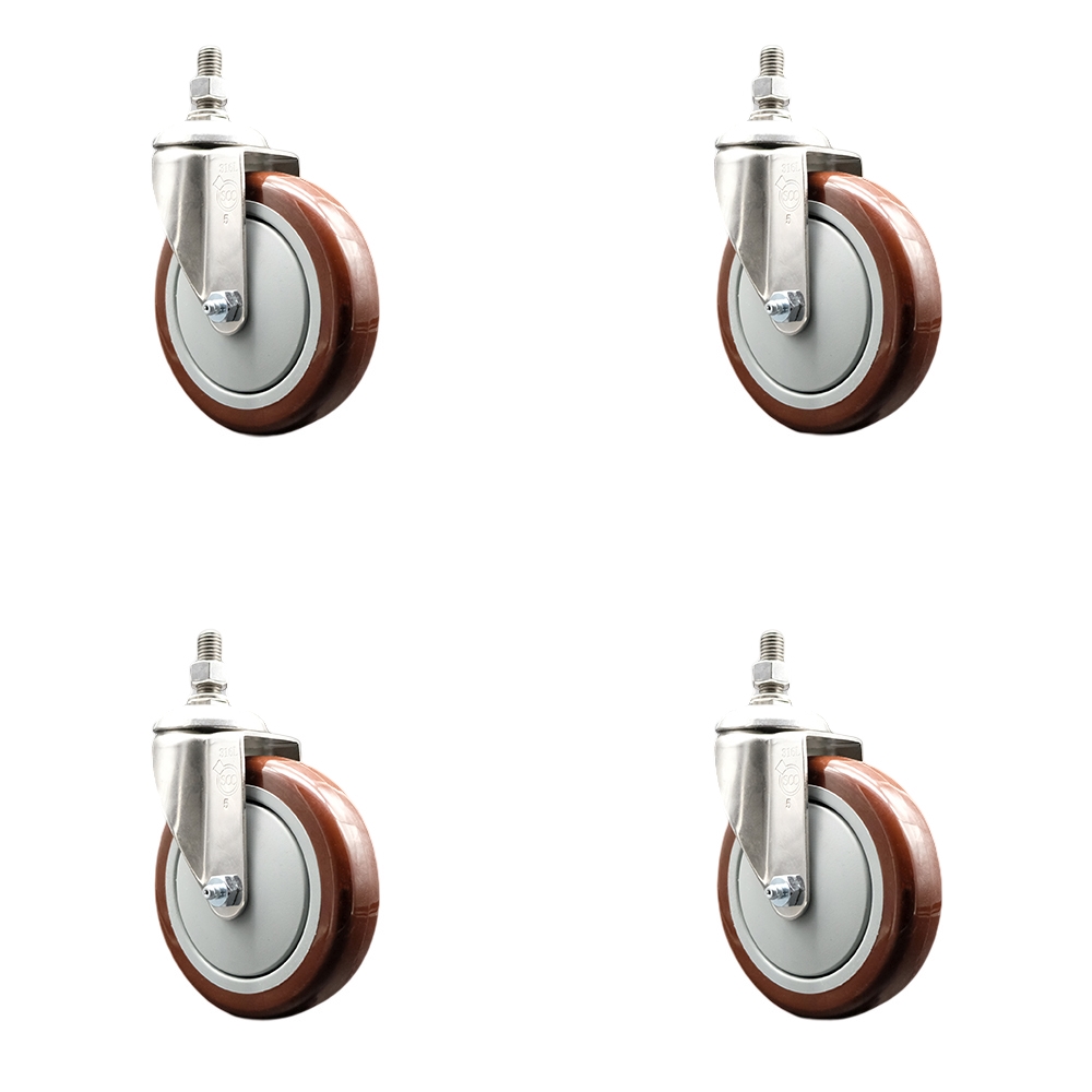 Polyurethane Swivel Stem Caster Set of 4 with 5 Inch Maroon Caster Wheels - 10mm Metric Threaded Stems - 316 Stainless Steel Casters - Includes 4 Swivel Casters - Service Caster Brand — photo 1