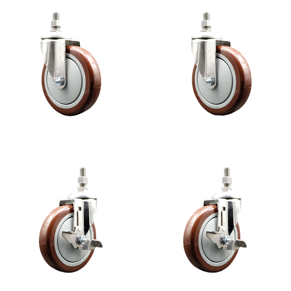 Poly Swivel Stem Caster Set of 4 with 5 Inch Maroon Caster Wheels-12mm Metric Threaded Stems-316 Stainless Steel Casters-Includes 2 Swivel Casters with Top Lock Brake and 2 Swivel-Service Caster Brand — photo 1