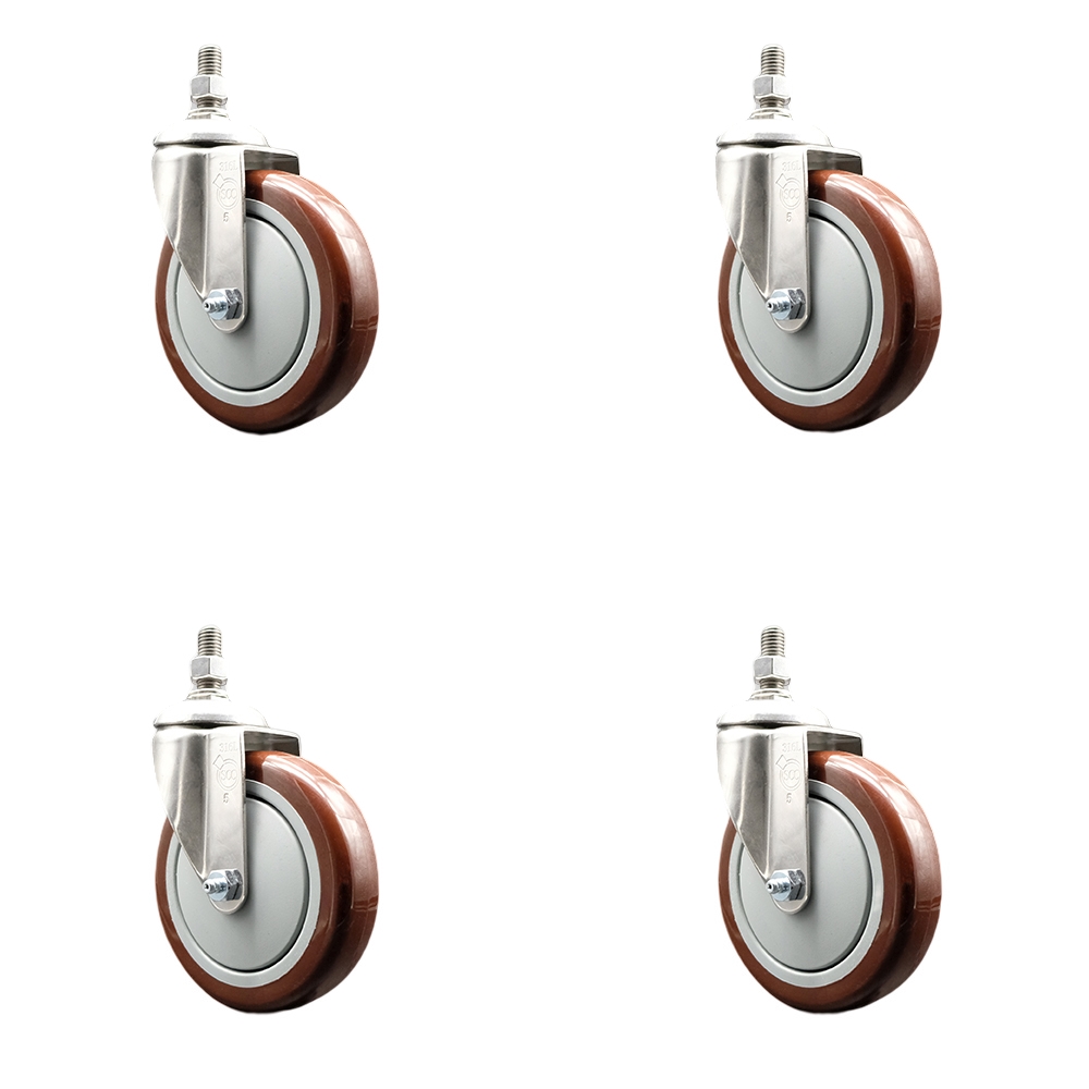 Polyurethane Swivel Stem Caster Set of 4 with 5 Inch Maroon Caster Wheels - 12mm Metric Threaded Stems - 316 Stainless Steel Casters - Includes 4 Swivel Casters - Service Caster Brand — photo 1