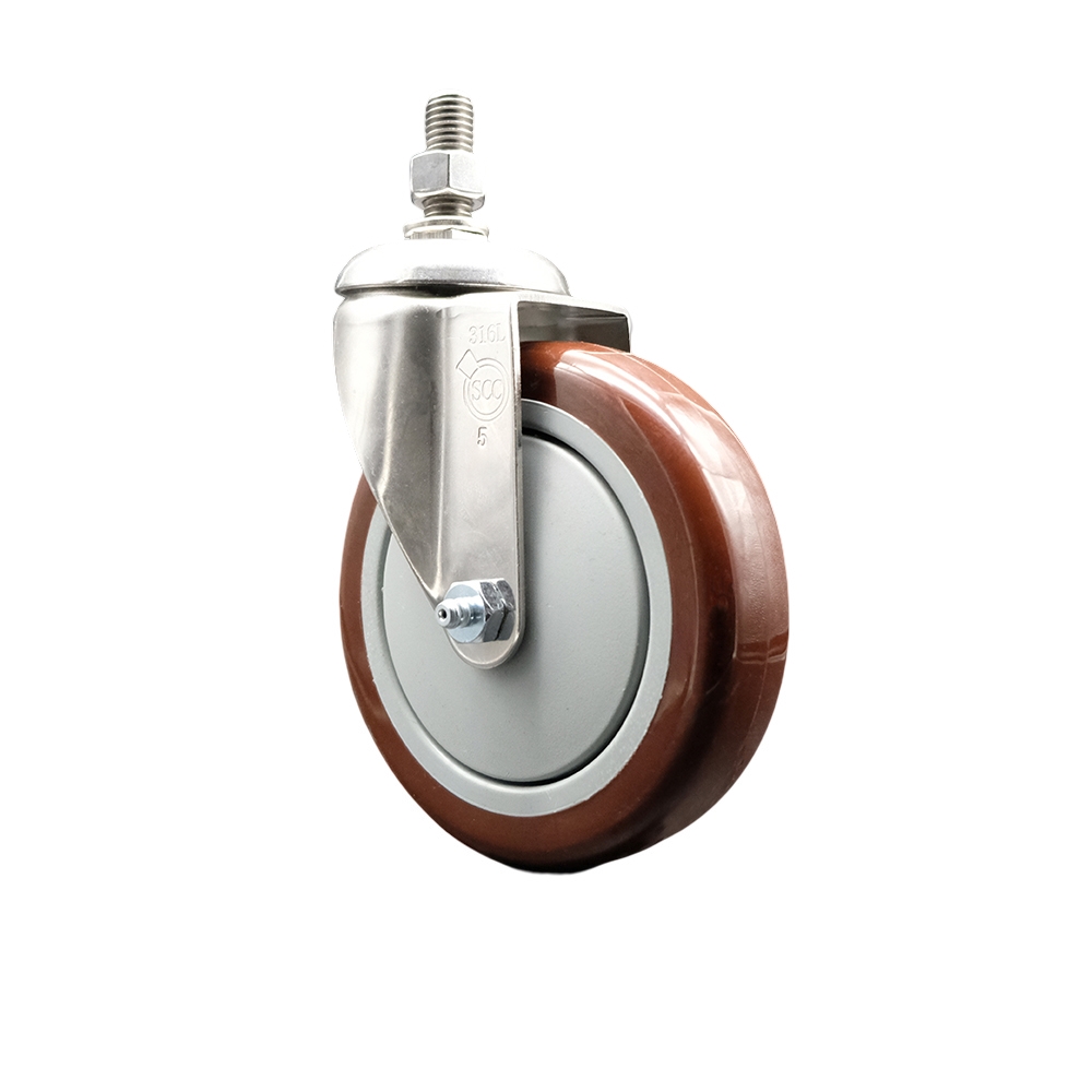 Polyurethane Swivel Stem Caster with 5 Inch Maroon Caster Wheel - 12mm Metric Threaded Stem - 316 Stainless Steel Caster - 350 lbs. Capacity Per Caster - Service Caster Brand — photo 1