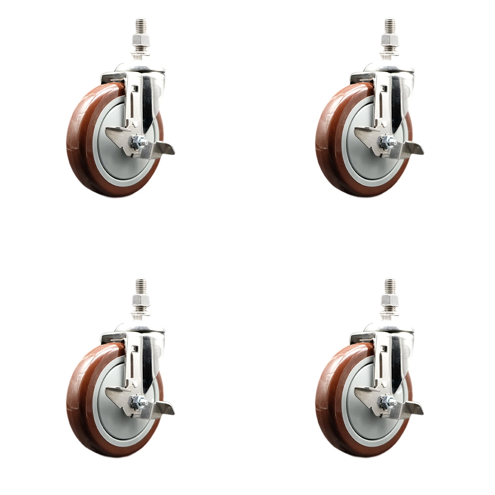 Polyurethane Swivel Stem Caster Set of 4 with 5 Inch Maroon Caster Wheels - 3/8" Threaded Stems - 316 Stainless Steel Casters - Includes 4 Swivel Casters with Top Lock Brakes - Service Caster Brand — photo 1