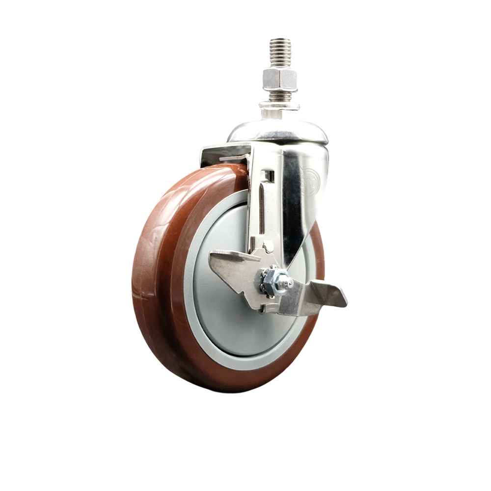 Polyurethane Swivel Stem Caster with 5 Inch Maroon Caster Wheel and Top Lock Brake - 10mm Metric Threaded Stem - 316 Stainless Steel Caster - 350 lbs. Capacity Per Caster - Service Caster Brand — photo 1