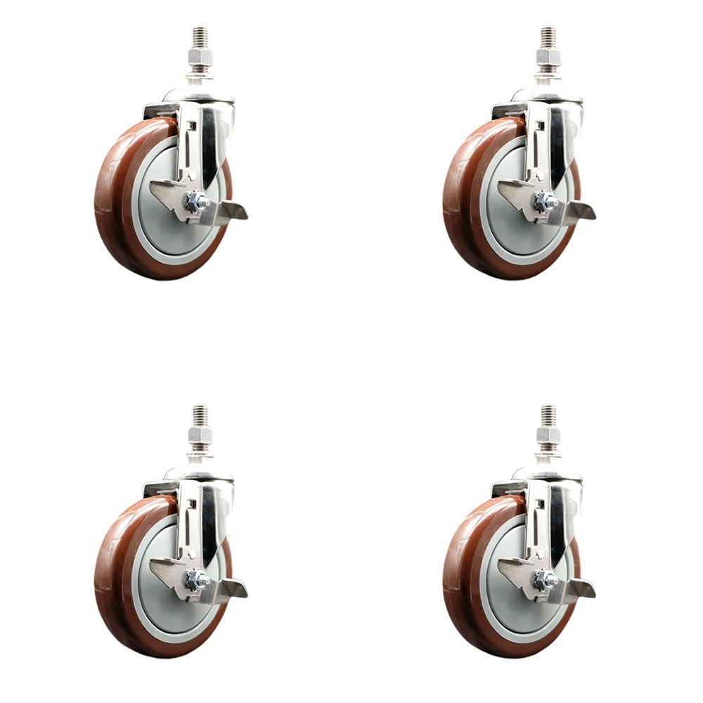 Polyurethane Swivel Stem Caster Set of 4 with 5 Inch Maroon Caster Wheels - 12mm Metric Threaded Stems - 316 Stainless Steel Casters-Includes 4 Swivel Casters with Top Lock Brakes-Service Caster Brand — photo 1
