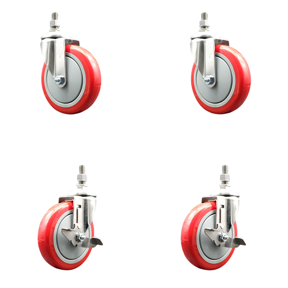 Poly Swivel Stem Caster Set of 4 with 5 Inch Red Caster Wheels - 3/8" Threaded Stems - 316 Stainless Steel Casters - Includes 2 Swivel Casters with Top Lock Brakes and 2 Swivel -Service Caster Brand — photo 1
