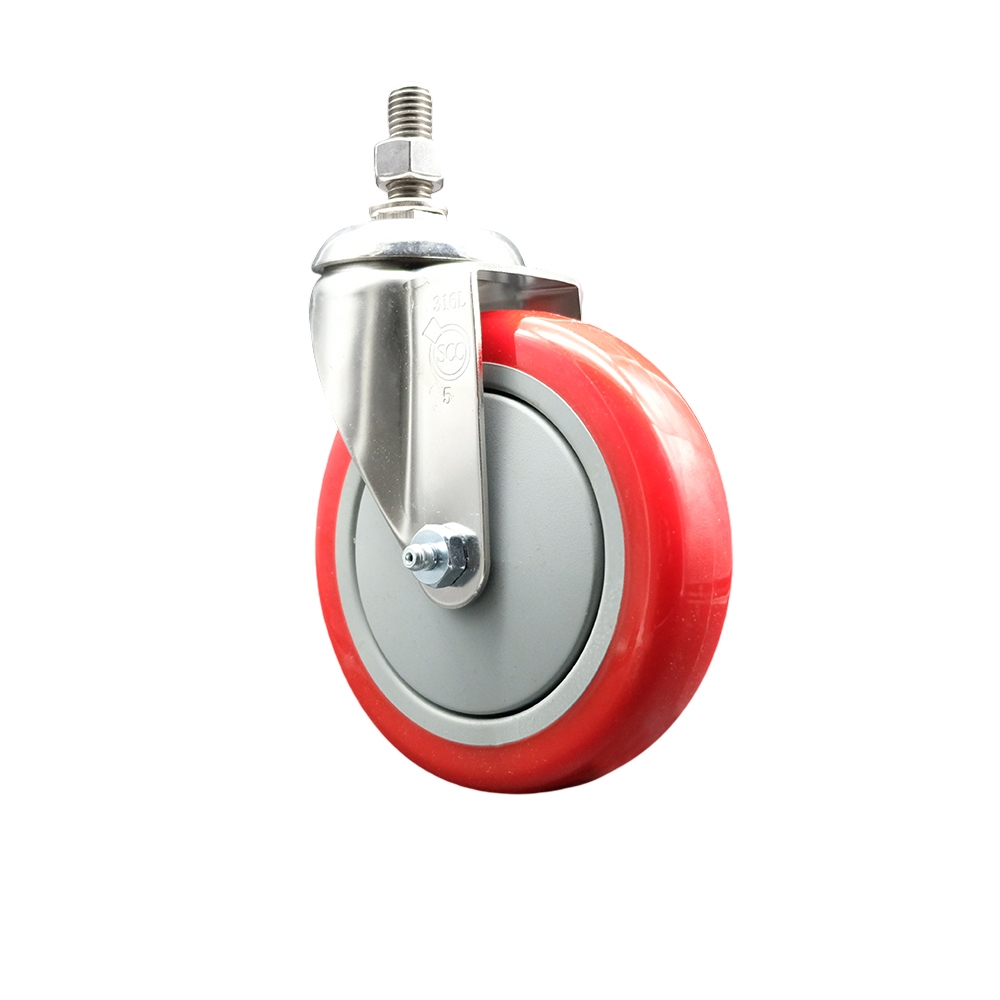 Polyurethane Swivel Stem Caster with 5 Inch Red Caster Wheel - 3/8" Threaded Stem - 316 Stainless Steel Caster - 350 lbs. Capacity Per Caster - Service Caster Brand — photo 1
