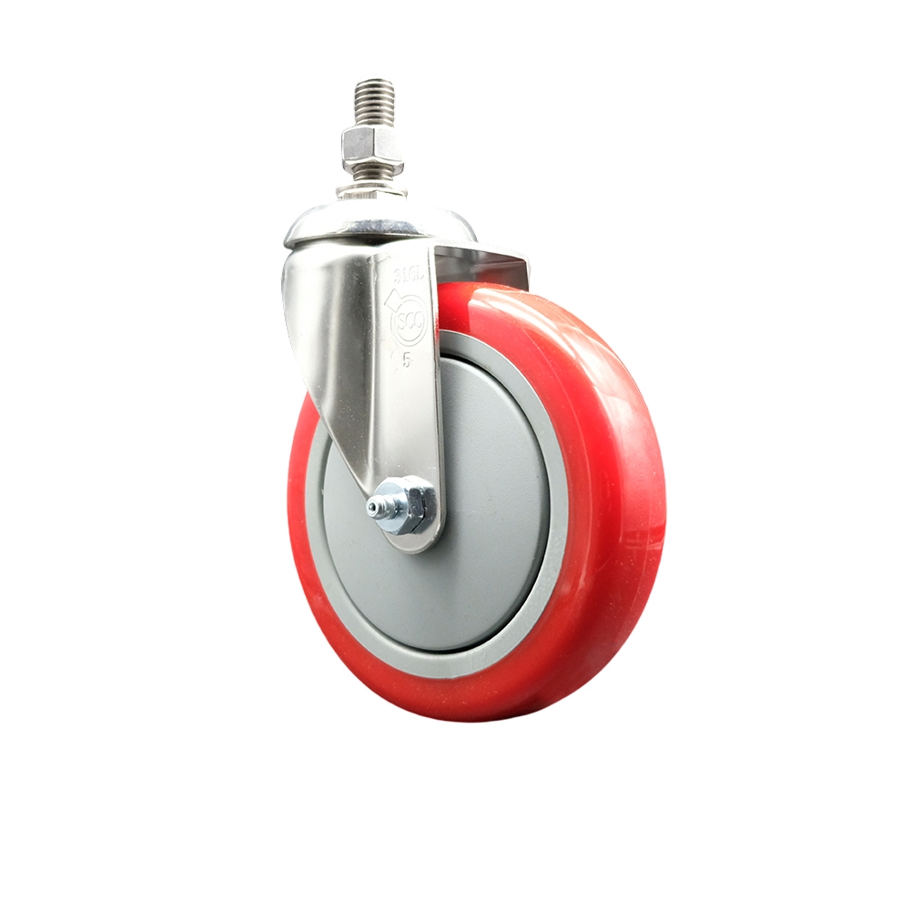 Polyurethane Swivel Stem Caster with 5 Inch Red Caster Wheel - 10mm Metric Threaded Stem - 316 Stainless Steel Caster - 350 lbs. Capacity Per Caster - Service Caster Brand — photo 1