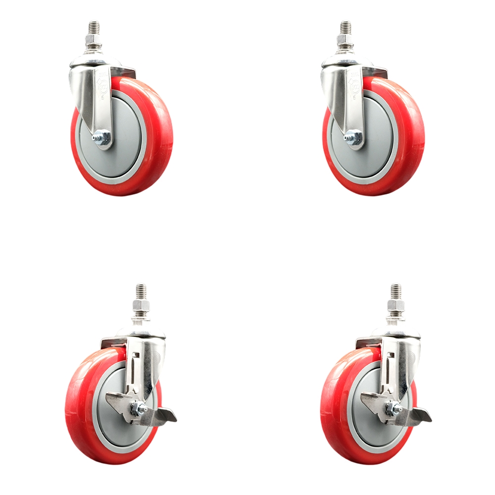 Poly Swivel Stem Caster Set of 4 with 5 Inch Red Caster Wheels-12mm Metric Threaded Stems-316 Stainless Steel Casters-Includes 2 Swivel Casters with Top Lock Brakes and 2 Swivel-Service Caster Brand — photo 1