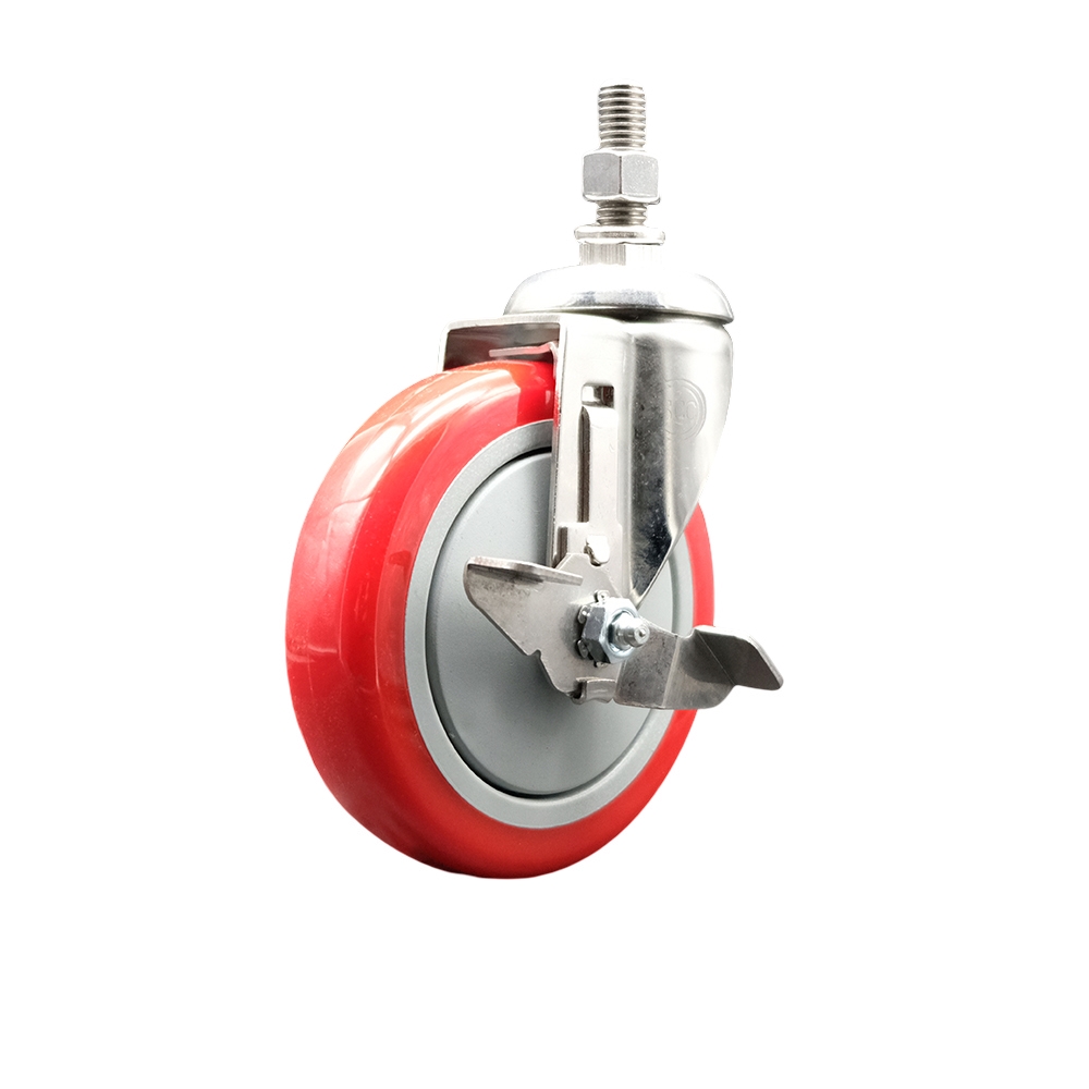 Polyurethane Swivel Stem Caster with 5 Inch Red Caster Wheel and Top Lock Brake - 10mm Metric Threaded Stem - 316 Stainless Steel Caster - 350 lbs. Capacity Per Caster - Service Caster Brand — photo 1
