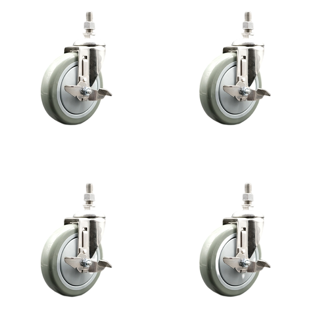 Polyurethane Swivel Stem Caster Set of 4 with 5 Inch Gray Caster Wheels - 1/2" Threaded Stems - 316 Stainless Steel Casters - Includes 4 Swivel Casters with Top Lock Brakes - Service Caster Brand — photo 1