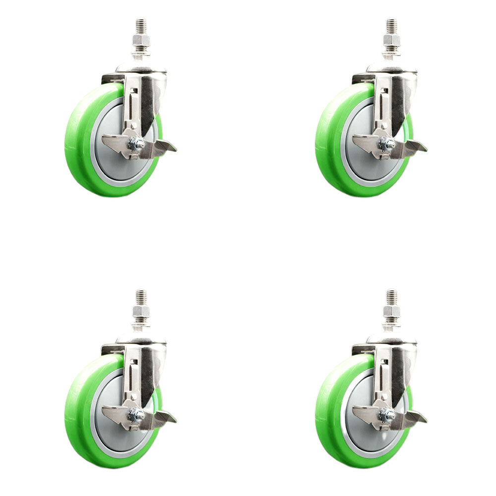 Polyurethane Swivel Stem Caster Set of 4 with 5 Inch Green Caster Wheels - 1/2" Threaded Stems - 316 Stainless Steel Casters - Includes 4 Swivel Casters with Top Lock Brakes - Service Caster Brand — photo 1