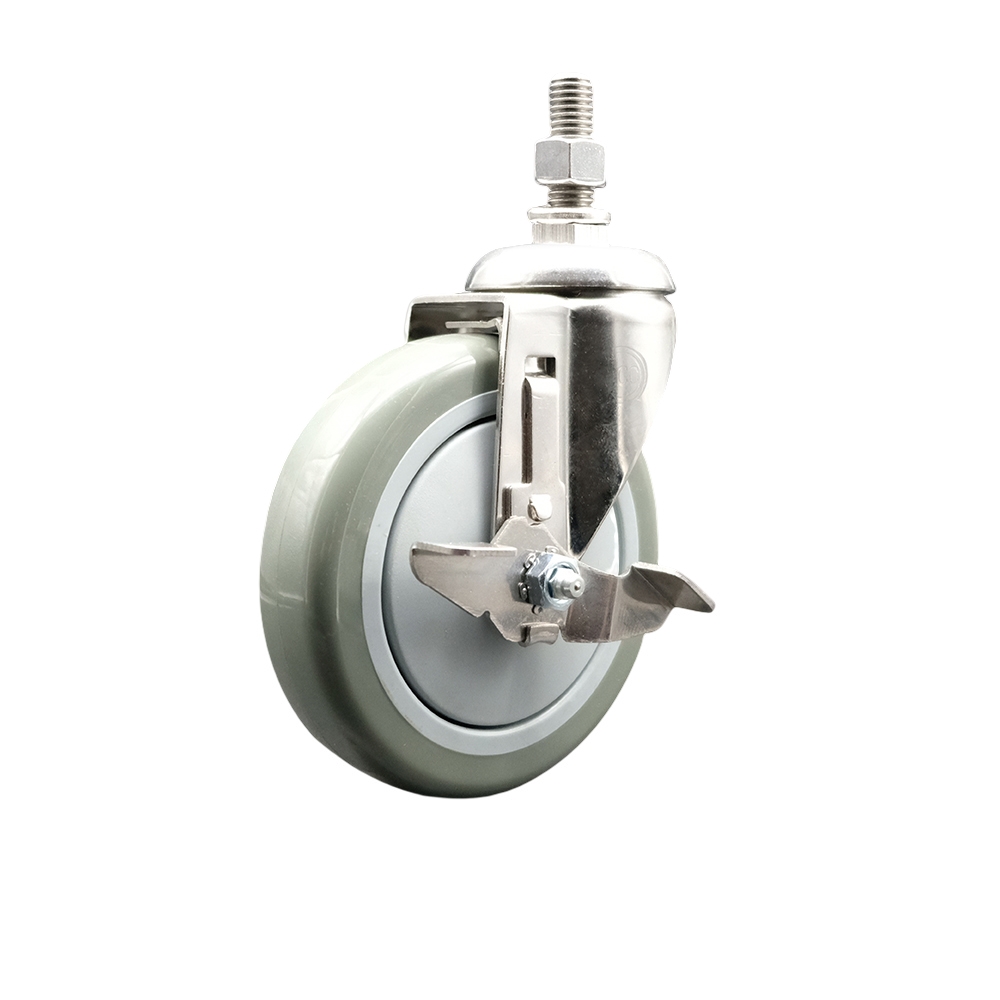Polyurethane Swivel Stem Caster with 5 Inch Gray Caster Wheel and Top Lock Brake - 1/2" Threaded Stem - 316 Stainless Steel Caster - 350 lbs. Capacity Per Caster - Service Caster Brand — photo 1