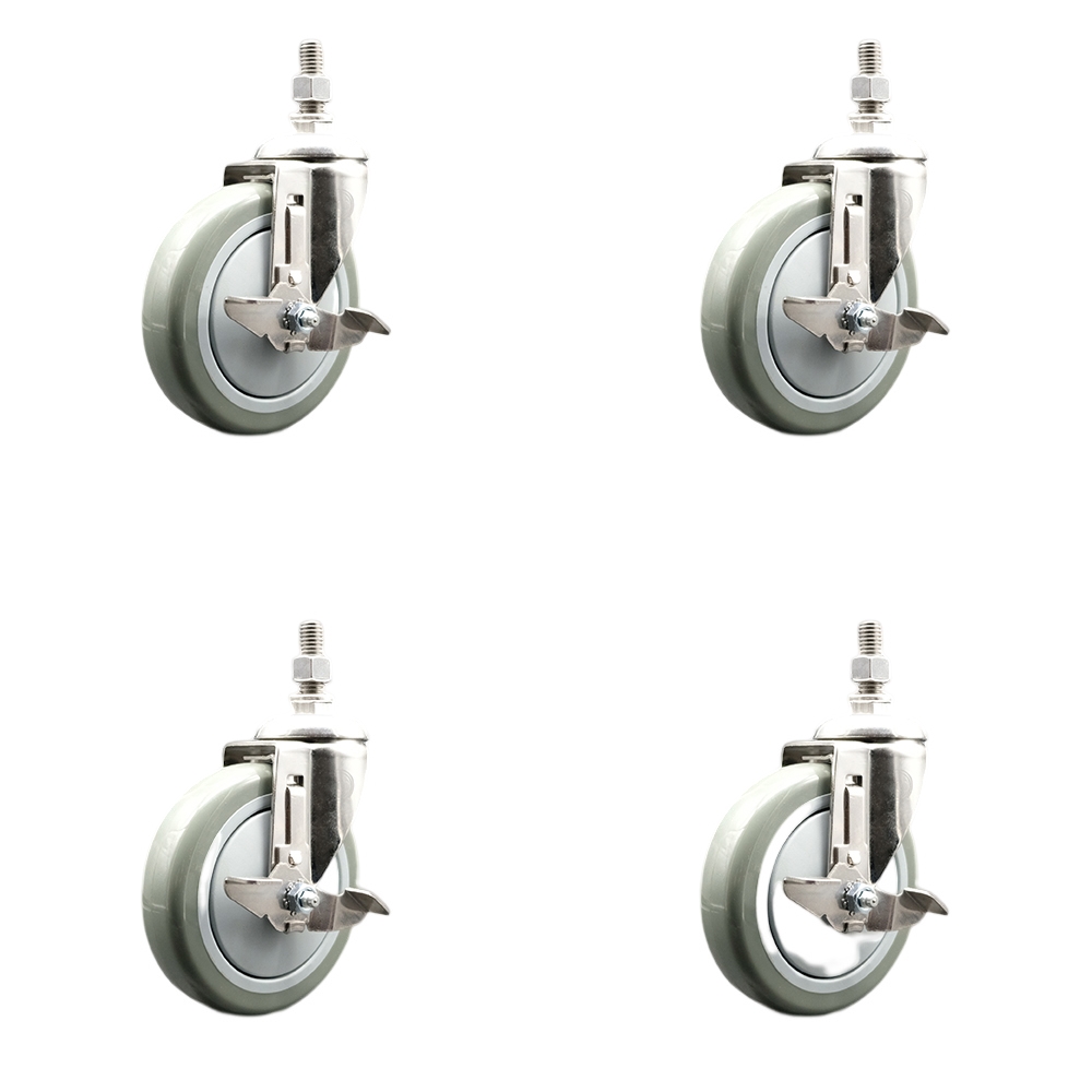 Polyurethane Swivel Stem Caster Set of 4 with 5 Inch Gray Caster Wheels - 3/8" Threaded Stems - 316 Stainless Steel Casters - Includes 4 Swivel Casters with Top Lock Brakes - Service Caster Brand — photo 1