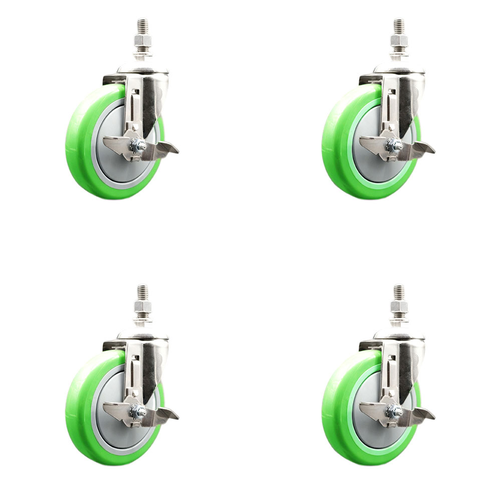 Polyurethane Swivel Stem Caster Set of 4 with 5 Inch Green Caster Wheels - 3/8" Threaded Stems - 316 Stainless Steel Casters - Includes 4 Swivel Casters with Top Lock Brakes - Service Caster Brand — photo 1