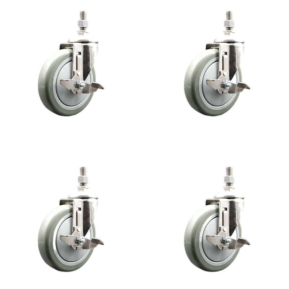 Polyurethane Swivel Stem Caster Set of 4 with 5 Inch Gray Caster Wheels - 10mm Metric Threaded Stems - 316 Stainless Steel Casters -Includes 4 Swivel Casters with Top Lock Brakes-Service Caster Brand — photo 1