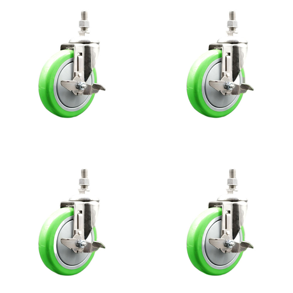Polyurethane Swivel Stem Caster Set of 4 with 5 Inch Green Caster Wheels - 10mm Metric Threaded Stems - 316 Stainless Steel Casters -Includes 4 Swivel Casters with Top Lock Brakes-Service Caster Brand — photo 1