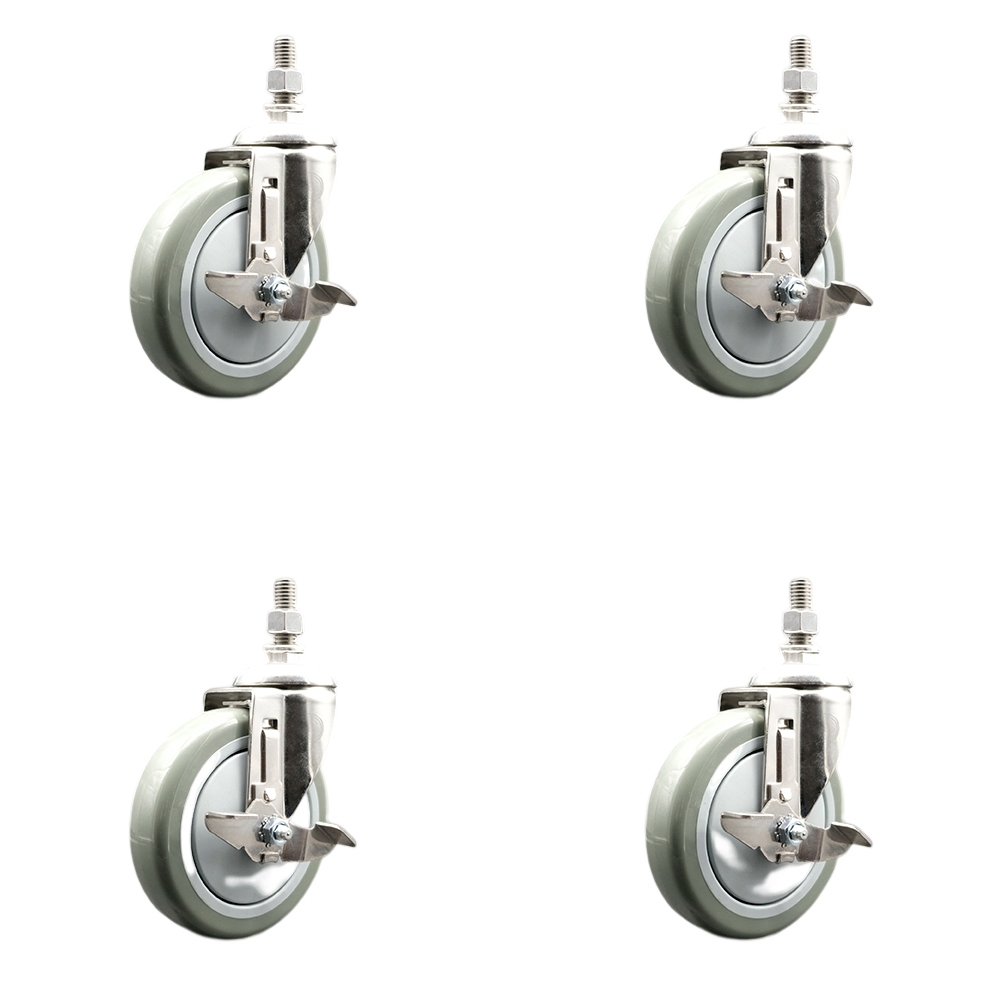 Polyurethane Swivel Stem Caster Set of 4 with 5 Inch Gray Caster Wheels - 12mm Metric Threaded Stems - 316 Stainless Steel Casters -Includes 4 Swivel Casters with Top Lock Brakes-Service Caster Brand — photo 1