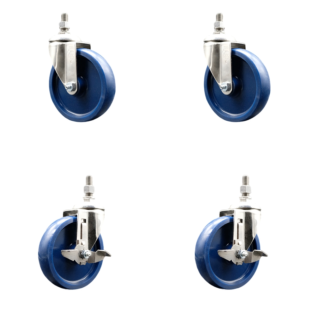 Solid Poly Swivel Stem Caster Set of 4 with 5 Inch Caster Wheels - 1/2" Threaded Stems - 316 Stainless Steel Casters- Includes 2 Swivel Casters with Top Lock Brakes and 2 Swivel - Service Caster Brand — photo 1