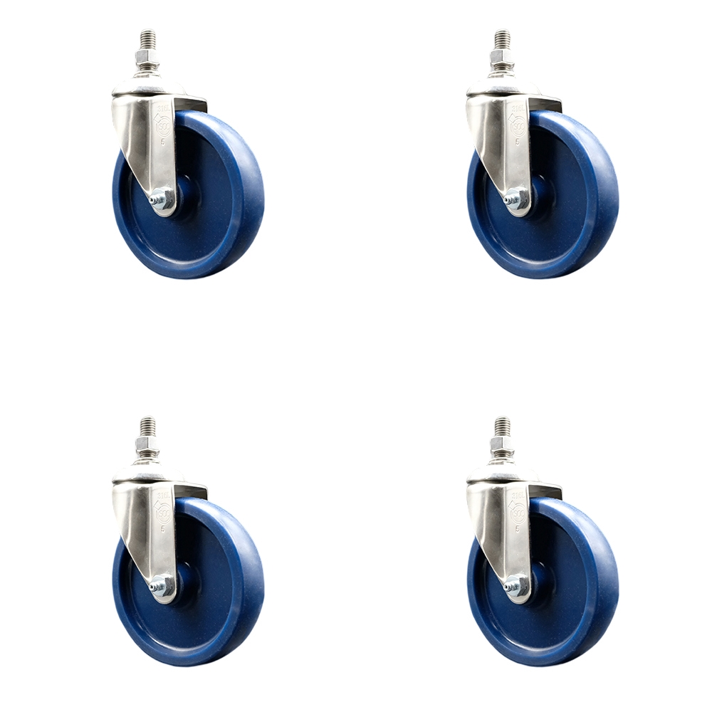 Solid Polyurethane Swivel Stem Caster Set of 4 with 5 Inch Caster Wheels - 1/2" Threaded Stems - 316 Stainless Steel Casters - Includes 4 Swivel Casters - Service Caster Brand — photo 1