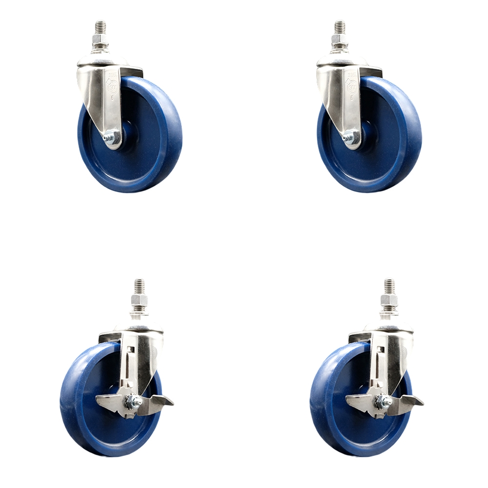 Solid Poly Swivel Stem Caster Set of 4 with 5 Inch Caster Wheels - 3/8" Threaded Stems - 316 Stainless Steel Casters- Includes 2 Swivel Casters with Top Lock Brakes and 2 Swivel - Service Caster Brand — photo 1