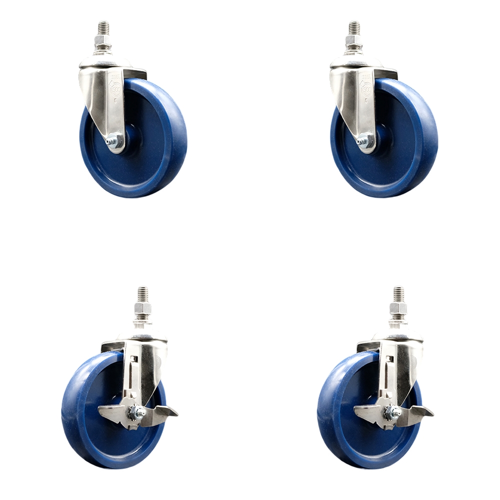 Solid Poly Swivel Stem Caster Set of 4 with 5 Inch Caster Wheels-10mm Metric Threaded Stems-316 Stainless Steel Casters-Includes 2 Swivel Casters with Top Lock Brakes and 2 Swivel-Service Caster Brand — photo 1