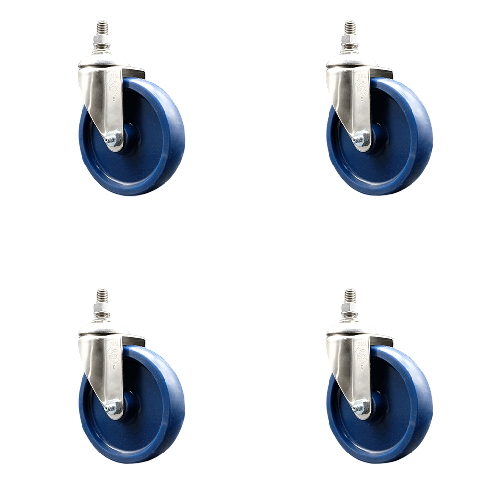 Solid Polyurethane Swivel Stem Caster Set of 4 with 5 Inch Caster Wheels - 10mm Metric Threaded Stems - 316 Stainless Steel Casters - Includes 4 Swivel Casters - Service Caster Brand — photo 1