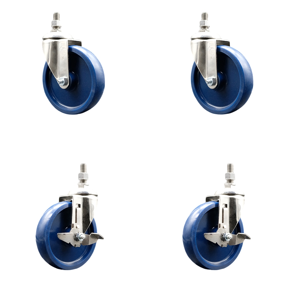 Solid Poly Swivel Stem Caster Set of 4 with 5 Inch Caster Wheels-12mm Metric Threaded Stems-316 Stainless Steel Casters-Includes 2 Swivel Casters with Top Lock Brakes and 2 Swivel-Service Caster Brand — photo 1