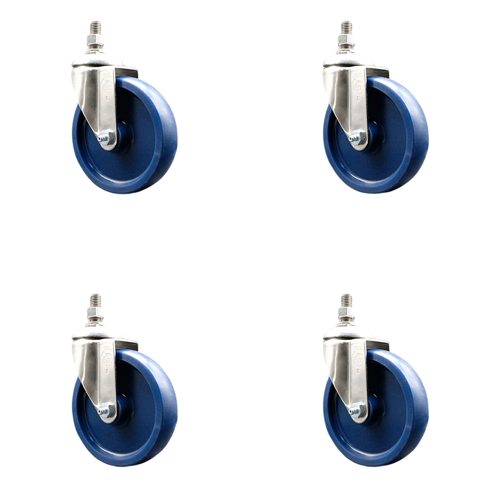 Solid Polyurethane Swivel Stem Caster Set of 4 with 5 Inch Caster Wheels - 12mm Metric Threaded Stems - 316 Stainless Steel Casters - Includes 4 Swivel Casters - Service Caster Brand — photo 1