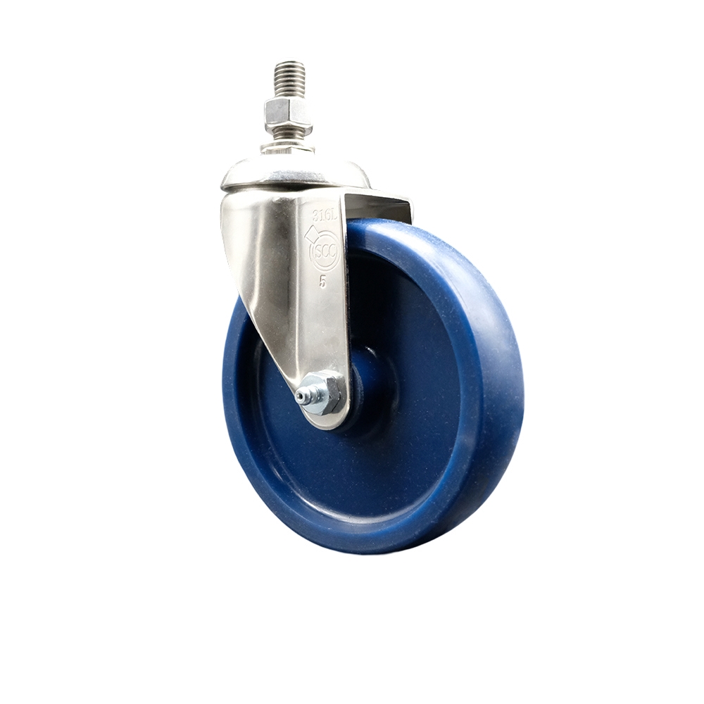 Solid Polyurethane Swivel Stem Caster with 5 Inch Blue Caster Wheel - 12mm Metric Threaded Stem - 316 Stainless Steel Caster - 300 lbs. Capacity Per Caster - Service Caster Brand — photo 1
