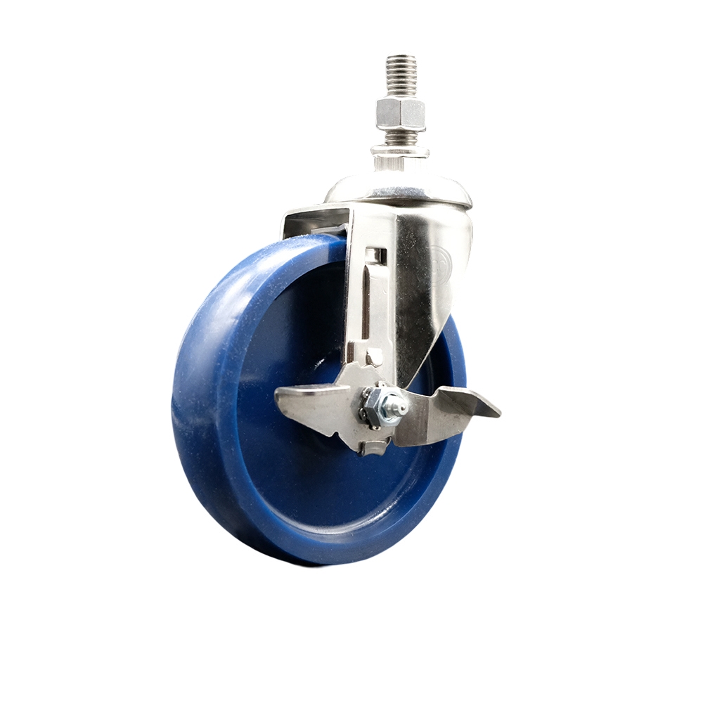 Solid Polyurethane Swivel Stem Caster with 5 Inch Blue Caster Wheel and Top Lock Brake - 1/2" Threaded Stem - 316 Stainless Steel Caster - 300 lbs. Capacity Per Caster - Service Caster Brand — photo 1