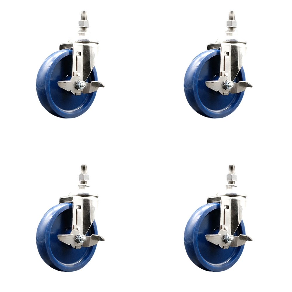 Solid Polyurethane Swivel Stem Caster Set of 4 with 5 Inch Caster Wheels - 12mm Metric Threaded Stems - 316 Stainless Steel Casters -Includes 4 Swivel Casters with Top Lock Brakes-Service Caster Brand — photo 1