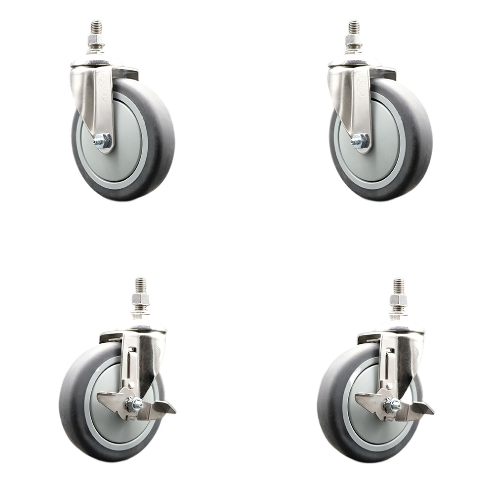 Thermoplastic Rubber Swivel Stem Caster Set of 4 with 5 Inch Caster Wheels-1/2" Threaded Stems-316 Stainless Steel Caster-Include 2 Swivel Casters with Top Lock Brake and 2 Swivel-Service Caster Brand — photo 1